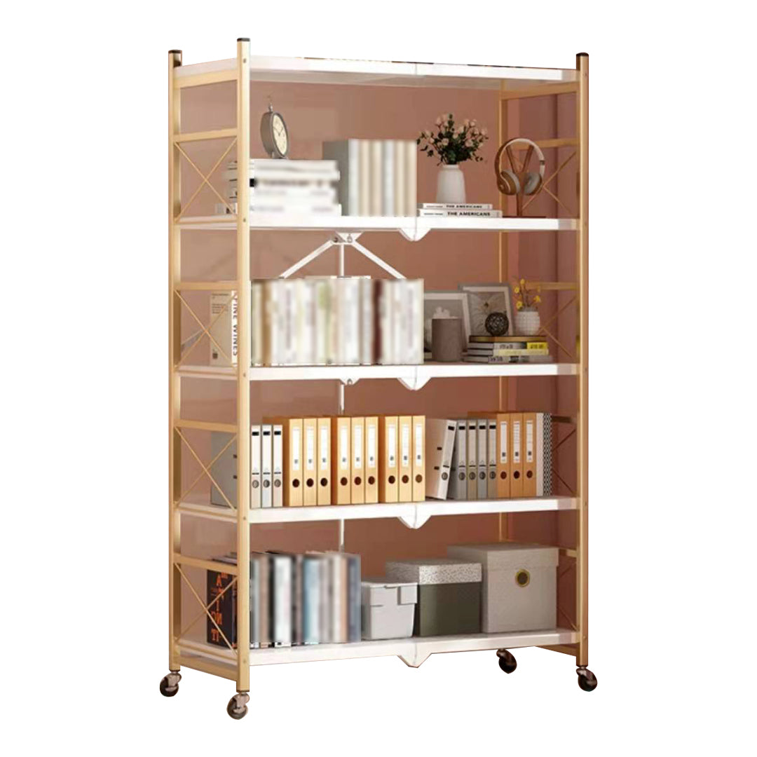 Folding Steel Industrial Etagere Bookshelf Open Bookshelf with Caster Wheels 28.3"L x 14.2"W x 63.8"H White-Gold Clearhalo 'Bookcases' 'furn' 'furn_bookcases' 'Furniture' 'furniture_bookcases' 'Office Furniture' 4859571