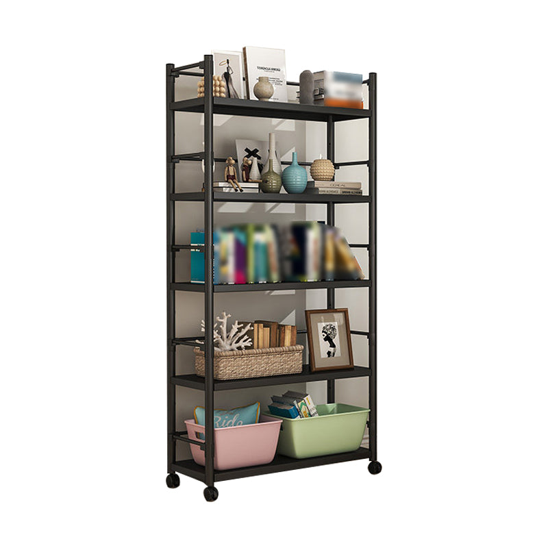 Industrial Steel Etagere Bookshelf Vertical Open Bookshelf with Caster Wheels Black Clearhalo 'Bookcases' 'furn' 'furn_bookcases' 'Furniture' 'furniture_bookcases' 'Office Furniture' 4859582