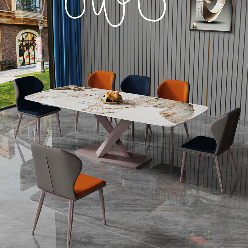 Nordic Glam Rectangle Sintered Stone Dining Table Set 1/4/5/6/7 Pieces Dining Set 7 Pieces: Table, 3 Blue+3 Orange Chairs Clearhalo 'Dining Room Sets' 'Dining Tables & Seating' 'dining_room_set' 'furn' 'furn_dining_room_set' 'Furniture' 'furniture_dining_room_set' 'Kitchen & Dining Furniture' 4859658