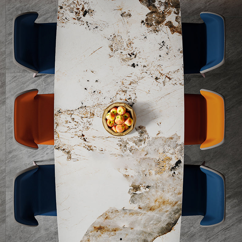 Nordic Glam Rectangle Sintered Stone Dining Table Set 1/4/5/6/7 Pieces Dining Set 7 Pieces: Table, 4 Blue+2 Orange Chairs Clearhalo 'Dining Room Sets' 'Dining Tables & Seating' 'dining_room_set' 'furn' 'furn_dining_room_set' 'Furniture' 'furniture_dining_room_set' 'Kitchen & Dining Furniture' 4859659