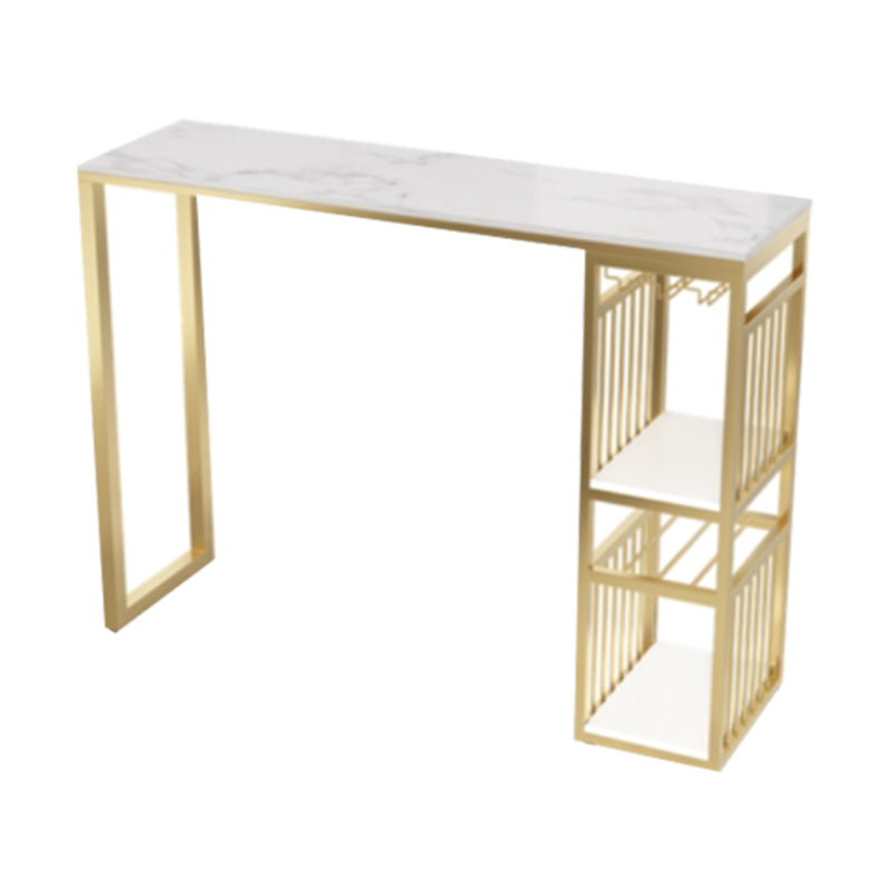 Stone Bar Dining Table Glam Rectangle Bar Table with Double Pedestal for Dining Room White-Gold Without Chairs Clearhalo 'Bar Furniture' 'Bar Tables' 'bar_tables' 'furn' 'furn_bar_tables' 'Furniture' 'furniture_bar_tables' 'Kitchen & Dining Furniture' 4861309