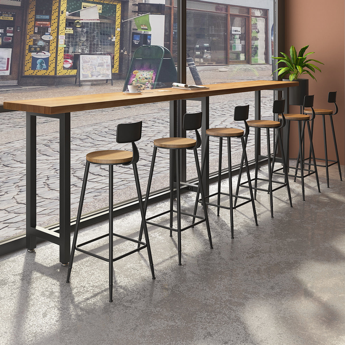 Pine Wood Bar Dining Table Industrial Bar Table with Trestle Base in Black 133.9"L x 15.7"W x 41.3"H Without Chairs Clearhalo 'Bar Furniture' 'Bar Tables' 'bar_tables' 'furn' 'furn_bar_tables' 'Furniture' 'furniture_bar_tables' 'Kitchen & Dining Furniture' 4861328