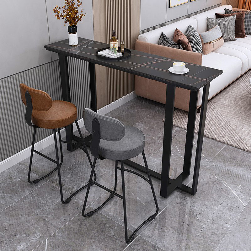 Industrial Black Iron Bar Dining Table Stone Top Indoor Bistro Table with Footrest 70.9"L x 15.7"W x 41.3"H Black Without Chairs Clearhalo 'Bar Furniture' 'Bar Tables' 'bar_tables' 'furn' 'furn_bar_tables' 'Furniture' 'furniture_bar_tables' 'Kitchen & Dining Furniture' 4861376
