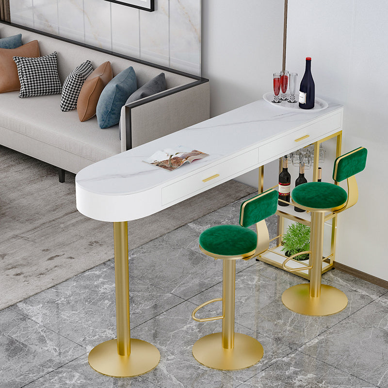 Glam Gold Iron Bar Dining Table White Stone Top Indoor Bistro Table with Drawer 70.9"L x 15.7"W x 41.3"H Without Chairs Clearhalo 'Bar Furniture' 'Bar Tables' 'bar_tables' 'furn' 'furn_bar_tables' 'Furniture' 'furniture_bar_tables' 'Kitchen & Dining Furniture' 4861435