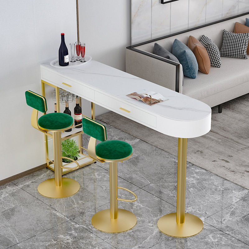 Glam Gold Iron Bar Dining Table White Stone Top Indoor Bistro Table with Drawer 55.1"L x 15.7"W x 41.3"H Without Chairs Clearhalo 'Bar Furniture' 'Bar Tables' 'bar_tables' 'furn' 'furn_bar_tables' 'Furniture' 'furniture_bar_tables' 'Kitchen & Dining Furniture' 4861437