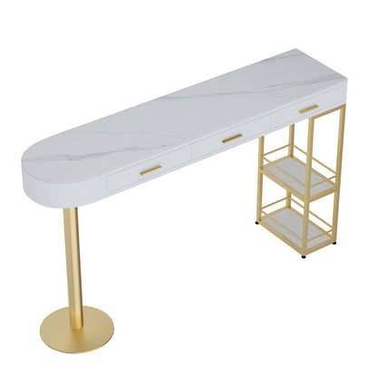 Glam Gold Iron Bar Dining Table White Stone Top Indoor Bistro Table with Drawer 39.4"L x 15.7"W x 41.3"H Without Chairs Clearhalo 'Bar Furniture' 'Bar Tables' 'bar_tables' 'furn' 'furn_bar_tables' 'Furniture' 'furniture_bar_tables' 'Kitchen & Dining Furniture' 4861439