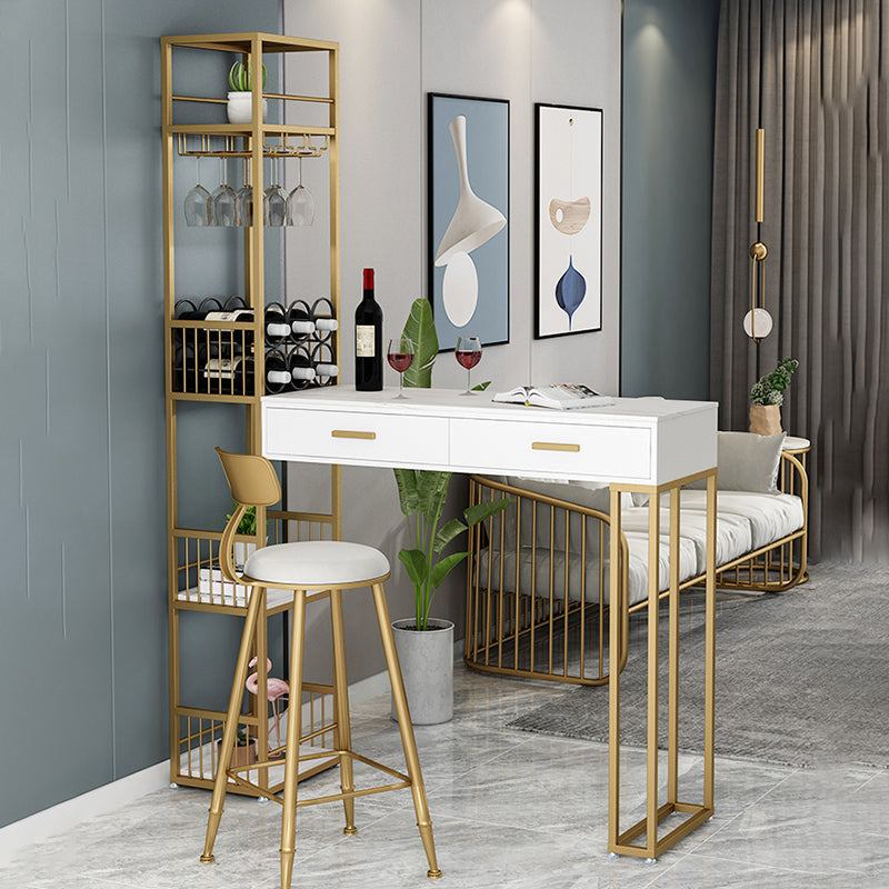 2-Drawer Modern Steel Bistro Table White Stone Top Indoor Bar Dining Table with Wine Rack 47.2"L x 15.7"W x 41.3"H Gold Without Chairs Clearhalo 'Bar Furniture' 'Bar Tables' 'bar_tables' 'furn' 'furn_bar_tables' 'Furniture' 'furniture_bar_tables' 'Kitchen & Dining Furniture' 4861500
