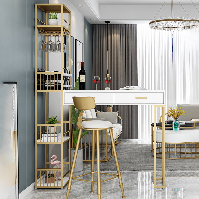 2-Drawer Modern Steel Bistro Table White Stone Top Indoor Bar Dining Table with Wine Rack 51.2"L x 15.7"W x 41.3"H Gold Without Chairs Clearhalo 'Bar Furniture' 'Bar Tables' 'bar_tables' 'furn' 'furn_bar_tables' 'Furniture' 'furniture_bar_tables' 'Kitchen & Dining Furniture' 4861501