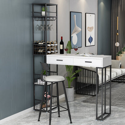 2-Drawer Modern Steel Bistro Table White Stone Top Indoor Bar Dining Table with Wine Rack Black Without Chairs Clearhalo 'Bar Furniture' 'Bar Tables' 'bar_tables' 'furn' 'furn_bar_tables' 'Furniture' 'furniture_bar_tables' 'Kitchen & Dining Furniture' 4861502