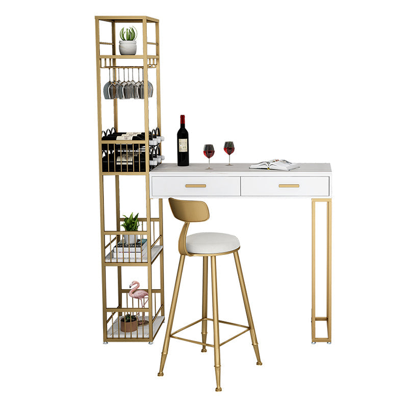 2-Drawer Modern Steel Bistro Table White Stone Top Indoor Bar Dining Table with Wine Rack Gold Without Chairs Clearhalo 'Bar Furniture' 'Bar Tables' 'bar_tables' 'furn' 'furn_bar_tables' 'Furniture' 'furniture_bar_tables' 'Kitchen & Dining Furniture' 4861504
