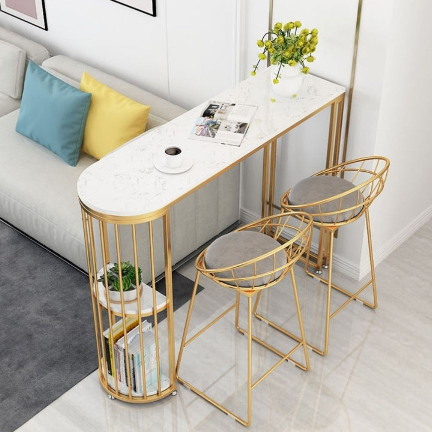 White Stone Bar Table Traditional Luxury Bar Table with Sled Base in Gold 78.7"L x 15.7"W x 41.3"H Without Chairs Clearhalo 'Bar Furniture' 'Bar Tables' 'bar_tables' 'furn' 'furn_bar_tables' 'Furniture' 'furniture_bar_tables' 'Kitchen & Dining Furniture' 4861691