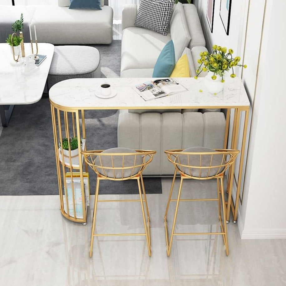 White Stone Bar Table Traditional Luxury Bar Table with Sled Base in Gold 55.1"L x 15.7"W x 41.3"H Without Chairs Clearhalo 'Bar Furniture' 'Bar Tables' 'bar_tables' 'furn' 'furn_bar_tables' 'Furniture' 'furniture_bar_tables' 'Kitchen & Dining Furniture' 4861693