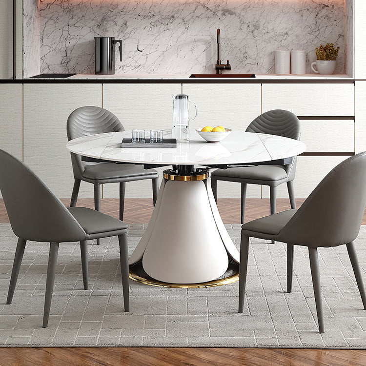 Glam 1/4/5/7 Pieces Scalable Dinette Set with White Sintered Stone Round Dining Table Set 5 Pieces: Table, 4 Grey Chairs Clearhalo 'Dining Room Sets' 'Dining Tables & Seating' 'dining_room_set' 'furn' 'furn_dining_room_set' 'Furniture' 'furniture_dining_room_set' 'Kitchen & Dining Furniture' 4863107