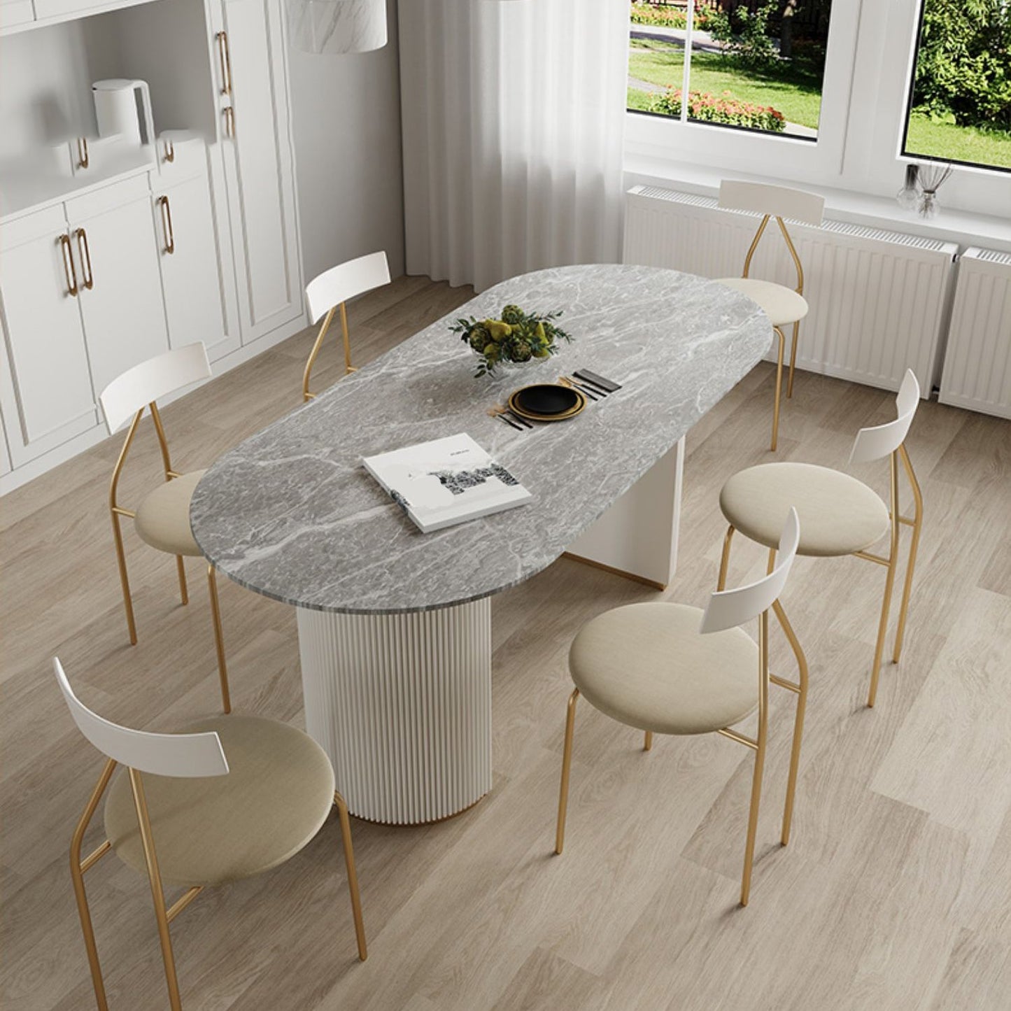 Oval Stone Top Dining Table Modern White Base Dining Table for Living Room Grey Without Chairs Clearhalo 'Dining Tables & Seating' 'Dining Tables' 'dining_table' 'furn' 'furn_dining_table' 'Furniture' 'furniture_dining_table' 'Kitchen & Dining Furniture' 'kitchen' 'kitchen_dining_table' 4863180