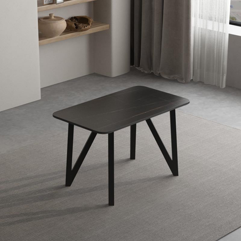 Industrial Rectangle Tripod Base Dining Table Black Frame Stone Top Dining Table Clearhalo 'Dining Tables & Seating' 'Dining Tables' 'dining_table' 'furn' 'furn_dining_table' 'Furniture' 'furniture_dining_table' 'Kitchen & Dining Furniture' 'kitchen' 'kitchen_dining_table' 4863304