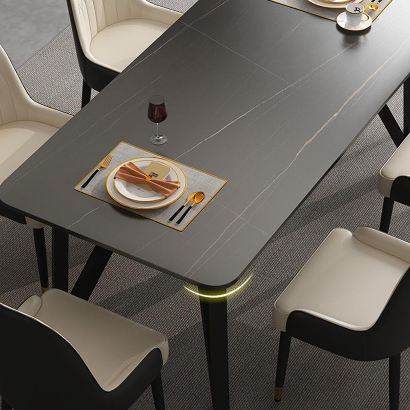Industrial Rectangle Tripod Base Dining Table Black Frame Stone Top Dining Table Clearhalo 'Dining Tables & Seating' 'Dining Tables' 'dining_table' 'furn' 'furn_dining_table' 'Furniture' 'furniture_dining_table' 'Kitchen & Dining Furniture' 'kitchen' 'kitchen_dining_table' 4863305