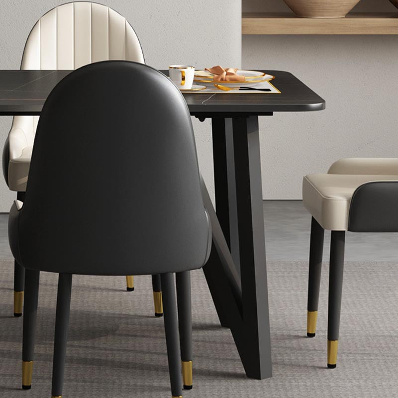 Industrial Rectangle Tripod Base Dining Table Black Frame Stone Top Dining Table Clearhalo 'Dining Tables & Seating' 'Dining Tables' 'dining_table' 'furn' 'furn_dining_table' 'Furniture' 'furniture_dining_table' 'Kitchen & Dining Furniture' 'kitchen' 'kitchen_dining_table' 4863306