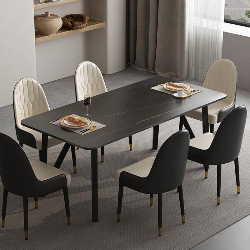 Industrial Rectangle Tripod Base Dining Table Black Frame Stone Top Dining Table Clearhalo 'Dining Tables & Seating' 'Dining Tables' 'dining_table' 'furn' 'furn_dining_table' 'Furniture' 'furniture_dining_table' 'Kitchen & Dining Furniture' 'kitchen' 'kitchen_dining_table' 4863309