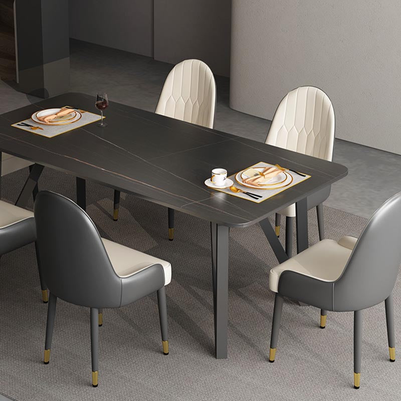 Industrial Rectangle Tripod Base Dining Table Black Frame Stone Top Dining Table Clearhalo 'Dining Tables & Seating' 'Dining Tables' 'dining_table' 'furn' 'furn_dining_table' 'Furniture' 'furniture_dining_table' 'Kitchen & Dining Furniture' 'kitchen' 'kitchen_dining_table' 4863310