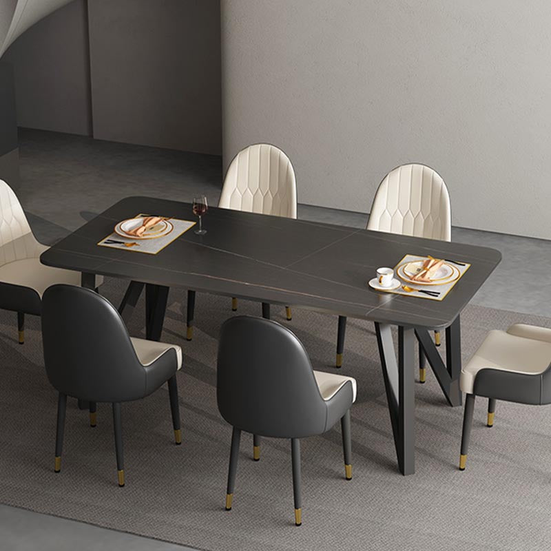 Industrial Rectangle Tripod Base Dining Table Black Frame Stone Top Dining Table Clearhalo 'Dining Tables & Seating' 'Dining Tables' 'dining_table' 'furn' 'furn_dining_table' 'Furniture' 'furniture_dining_table' 'Kitchen & Dining Furniture' 'kitchen' 'kitchen_dining_table' 4863311