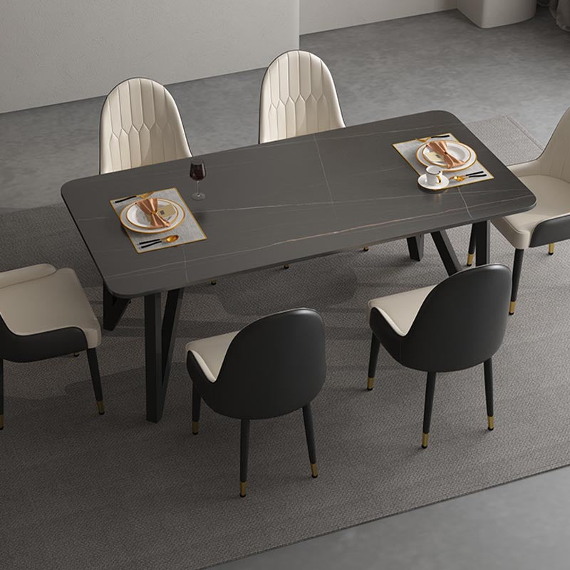 Industrial Rectangle Tripod Base Dining Table Black Frame Stone Top Dining Table Clearhalo 'Dining Tables & Seating' 'Dining Tables' 'dining_table' 'furn' 'furn_dining_table' 'Furniture' 'furniture_dining_table' 'Kitchen & Dining Furniture' 'kitchen' 'kitchen_dining_table' 4863312