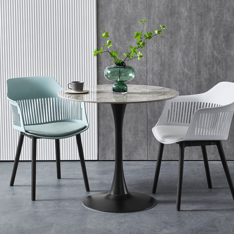 Contemporary Stone Round Top Restaurant Table Metal Base Dining Table Black-Gray 27.6"L x 27.6"W x 29.5"H Without Chairs Clearhalo 'Dining Tables & Seating' 'Dining Tables' 'dining_table' 'furn' 'furn_dining_table' 'Furniture' 'furniture_dining_table' 'Kitchen & Dining Furniture' 'kitchen' 'kitchen_dining_table' 4863390
