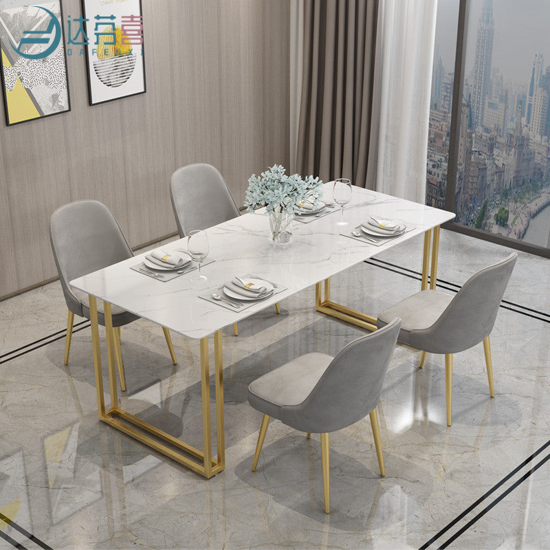 Glam Style Rectangle Stone Table for Restaurant Gold Sled Base Table White 55.1"L x 31.5"W x 29.5"H Without Chairs Clearhalo 'Dining Tables & Seating' 'Dining Tables' 'dining_table' 'furn' 'furn_dining_table' 'Furniture' 'furniture_dining_table' 'Kitchen & Dining Furniture' 'kitchen' 'kitchen_dining_table' 4863406