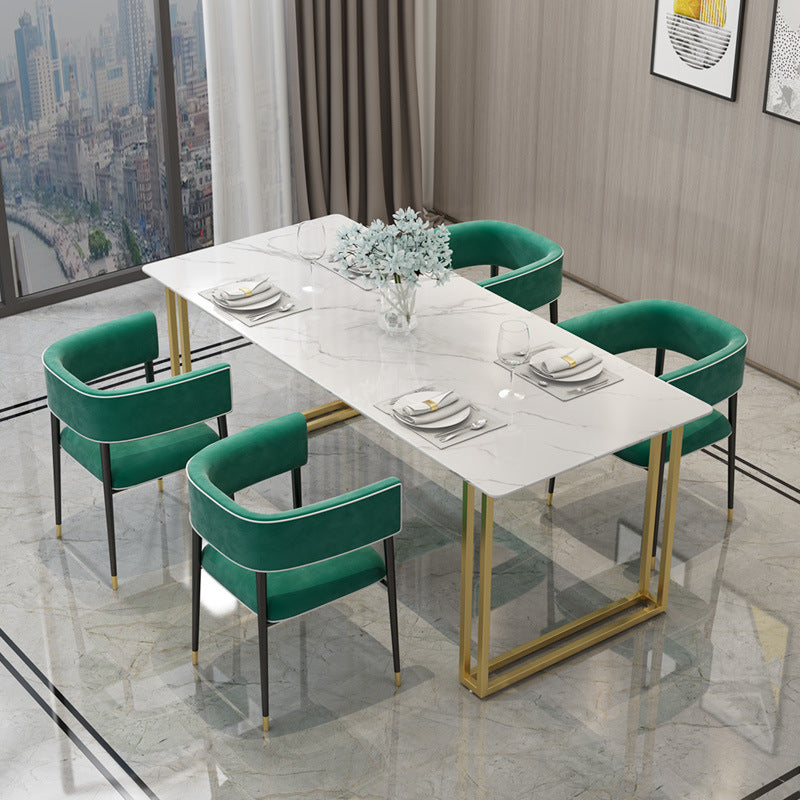 Glam Style Rectangle Stone Table for Restaurant Gold Sled Base Table White 70.9"L x 35.4"W x 29.5"H Without Chairs Clearhalo 'Dining Tables & Seating' 'Dining Tables' 'dining_table' 'furn' 'furn_dining_table' 'Furniture' 'furniture_dining_table' 'Kitchen & Dining Furniture' 'kitchen' 'kitchen_dining_table' 4863408