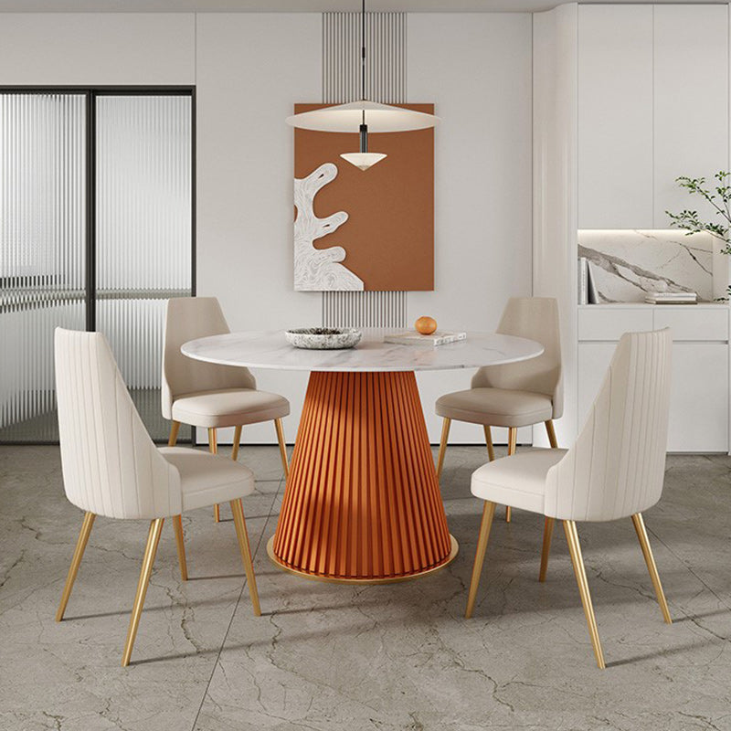 Glam Stone Dining Table Round Iron Table with Pedestal Casual Base Orange 51.2"L x 51.2"W x 29.5"H Without Chairs Clearhalo 'Dining Tables & Seating' 'Dining Tables' 'dining_table' 'furn' 'furn_dining_table' 'Furniture' 'furniture_dining_table' 'Kitchen & Dining Furniture' 'kitchen' 'kitchen_dining_table' 4863427