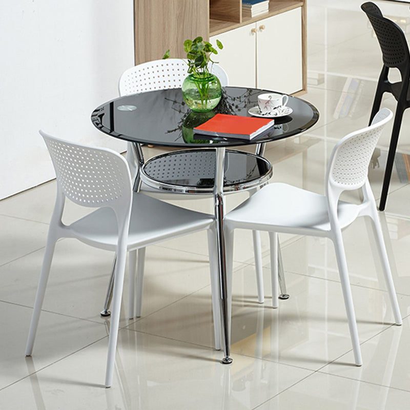 Tempered Glass Dining Table with Metal Base Modern Round Table with 3 Legs Black 31.5"L x 31.5"W x 29.5"H Without Chairs Clearhalo 'Dining Tables & Seating' 'Dining Tables' 'dining_table' 'furn' 'furn_dining_table' 'Furniture' 'furniture_dining_table' 'Kitchen & Dining Furniture' 'kitchen' 'kitchen_dining_table' 4863504