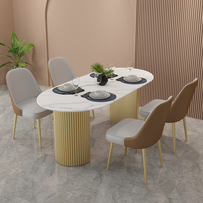 Oval Double Pedestal Modern Dining Table Fixed Table for Dining Room Stone 70.9"L x 35.4"W x 29.5"H Without Chairs Clearhalo 'Dining Tables & Seating' 'Dining Tables' 'dining_table' 'furn' 'furn_dining_table' 'Furniture' 'furniture_dining_table' 'Kitchen & Dining Furniture' 'kitchen' 'kitchen_dining_table' 4863568