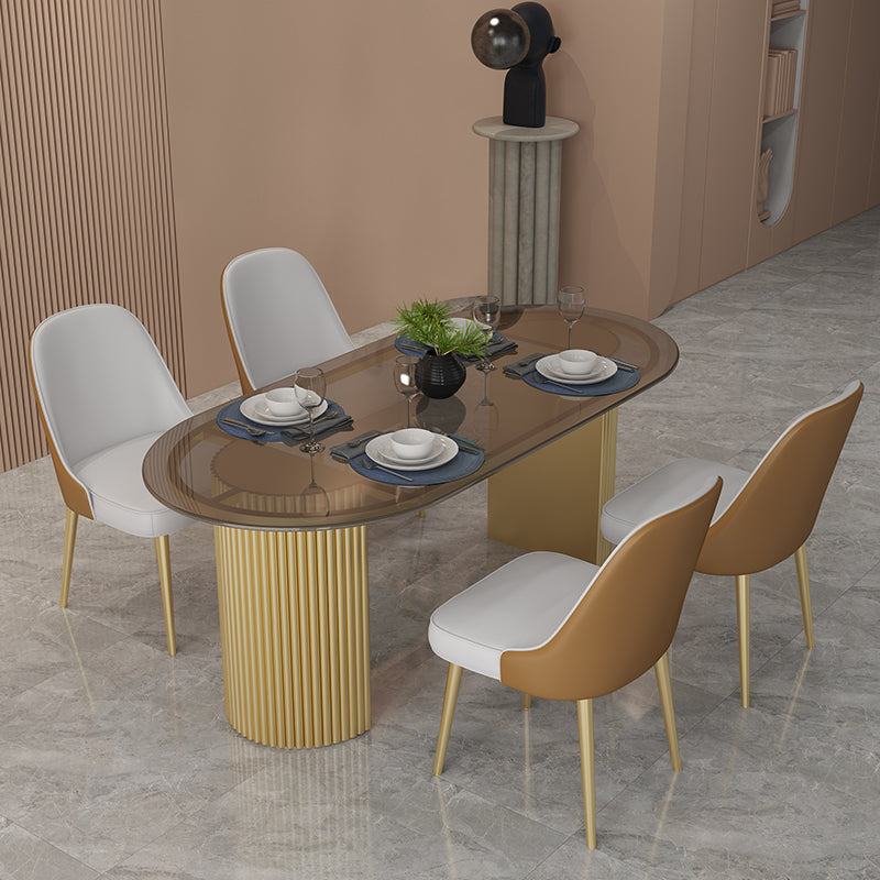 Oval Double Pedestal Modern Dining Table Fixed Table for Dining Room Glass 70.9"L x 35.4"W x 29.5"H Without Chairs Clearhalo 'Dining Tables & Seating' 'Dining Tables' 'dining_table' 'furn' 'furn_dining_table' 'Furniture' 'furniture_dining_table' 'Kitchen & Dining Furniture' 'kitchen' 'kitchen_dining_table' 4863569
