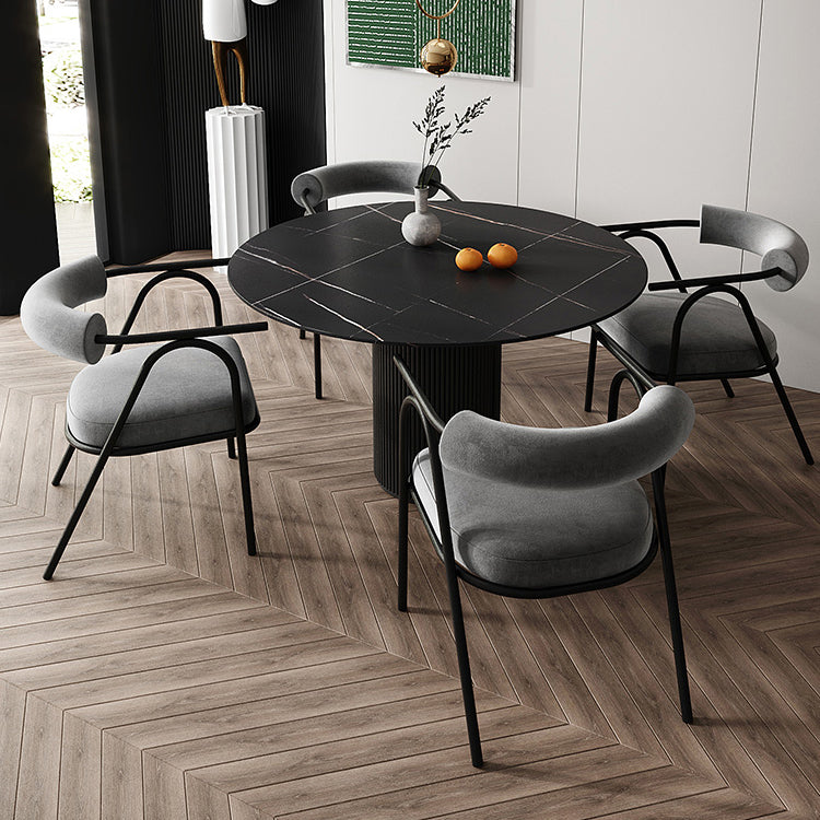 Modern 1/5 Pieces Dining Set Round Stone Dining Table for Dining Room 5 Pieces: Black Table, 4 Grey Chairs Clearhalo 'Dining Room Sets' 'Dining Tables & Seating' 'dining_room_set' 'furn' 'furn_dining_room_set' 'Furniture' 'furniture_dining_room_set' 'Kitchen & Dining Furniture' 4864313