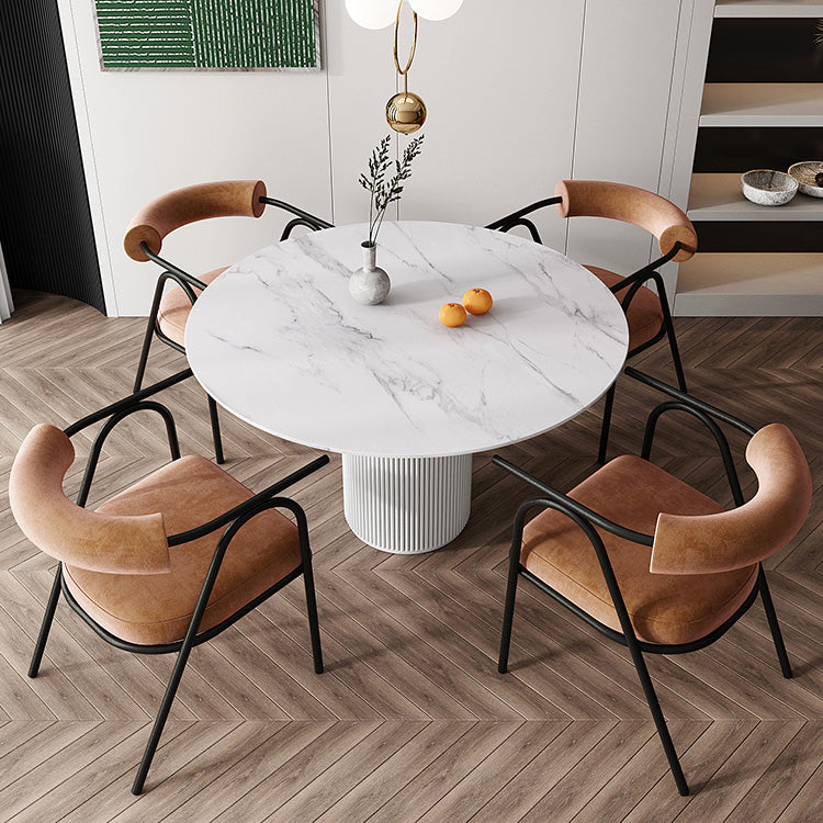 Modern 1/5 Pieces Dining Set Round Stone Dining Table for Dining Room 5 Pieces: White Table, 4 Brown Chairs Clearhalo 'Dining Room Sets' 'Dining Tables & Seating' 'dining_room_set' 'furn' 'furn_dining_room_set' 'Furniture' 'furniture_dining_room_set' 'Kitchen & Dining Furniture' 4864324