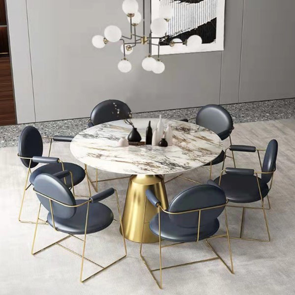 Glam Style Round Stone Top Dining Table Gold Base Dining Table for Living Room Gloss White 51.2"L x 51.2"W x 29.5"H Without Chairs Clearhalo 'Dining Tables & Seating' 'Dining Tables' 'dining_table' 'furn' 'furn_dining_table' 'Furniture' 'furniture_dining_table' 'Kitchen & Dining Furniture' 'kitchen' 'kitchen_dining_table' 4874793