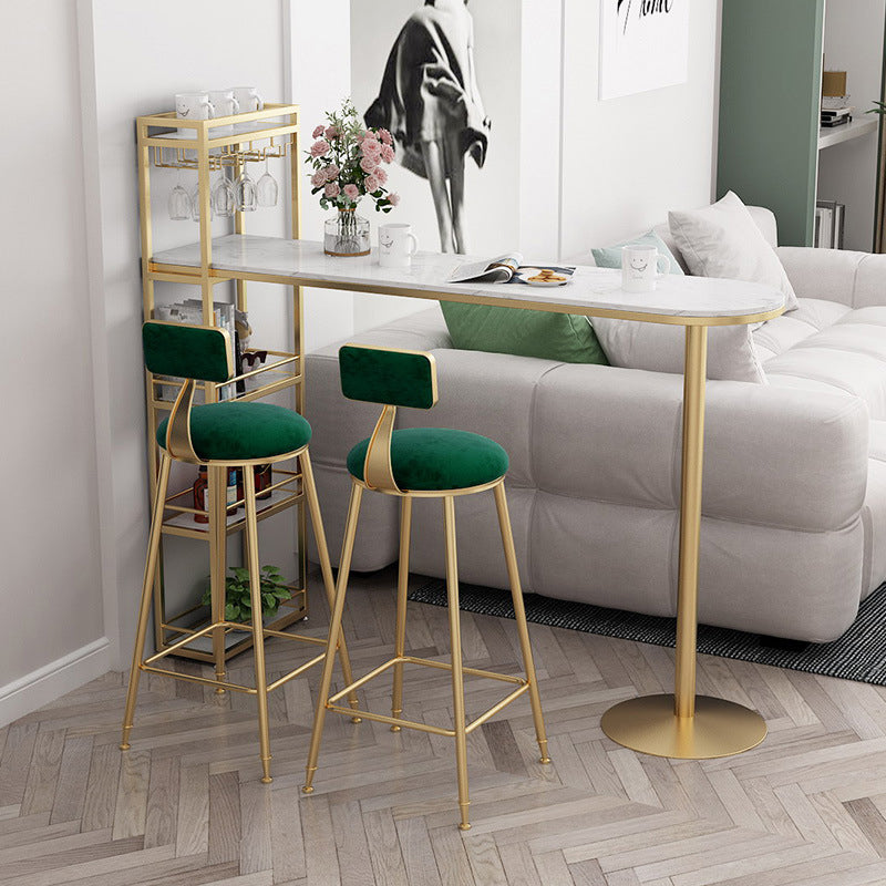 Modern Bar Table Stone Top Iron Base Pub Table with Shelf for Living Room, Only Table 78.7"L x 15.7"W x 41.3"H Gold Without Chairs Clearhalo 'Bar Furniture' 'Bar Tables' 'bar_tables' 'furn' 'furn_bar_tables' 'Furniture' 'furniture_bar_tables' 'Kitchen & Dining Furniture' 4874988