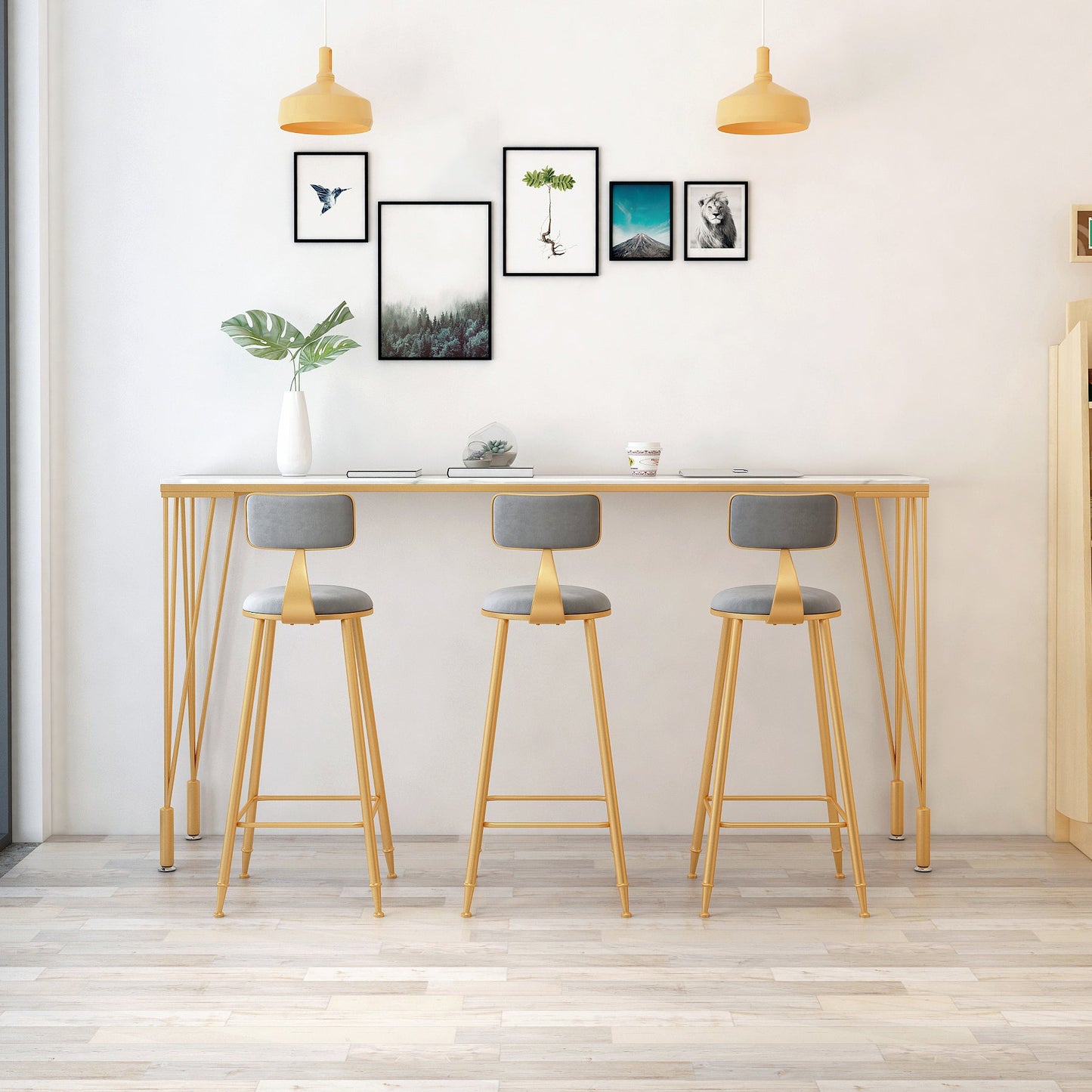 Glam Style Bar Table 42-inch Height Gold 4 Legs Bistro Table for Living Room 94.5"L x 15.7"W x 41.3"H Without Chairs Clearhalo 'Bar Furniture' 'Bar Tables' 'bar_tables' 'furn' 'furn_bar_tables' 'Furniture' 'furniture_bar_tables' 'Kitchen & Dining Furniture' 4875174