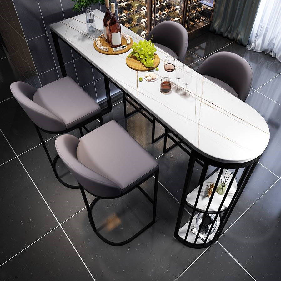 Industrial Iron Bar Dining Table White Stone Top Indoor Bistro Table with Shelf 70.9"L x 15.7"W x 41.3"H Black Without Chairs Clearhalo 'Bar Furniture' 'Bar Tables' 'bar_tables' 'furn' 'furn_bar_tables' 'Furniture' 'furniture_bar_tables' 'Kitchen & Dining Furniture' 4875251