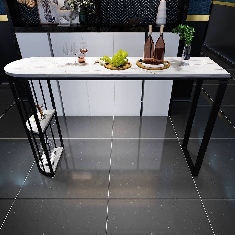 Industrial Iron Bar Dining Table White Stone Top Indoor Bistro Table with Shelf 63"L x 15.7"W x 41.3"H Black Without Chairs Clearhalo 'Bar Furniture' 'Bar Tables' 'bar_tables' 'furn' 'furn_bar_tables' 'Furniture' 'furniture_bar_tables' 'Kitchen & Dining Furniture' 4875253