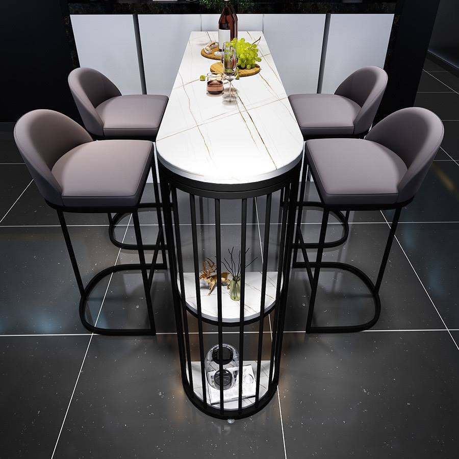 Industrial Iron Bar Dining Table White Stone Top Indoor Bistro Table with Shelf 55.1"L x 15.7"W x 41.3"H Black Without Chairs Clearhalo 'Bar Furniture' 'Bar Tables' 'bar_tables' 'furn' 'furn_bar_tables' 'Furniture' 'furniture_bar_tables' 'Kitchen & Dining Furniture' 4875254