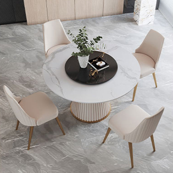 Glam 1/4/7 Pieces Round Dinette Set White Sintered Stone Dining Table Set with Turntable Clearhalo 'Dining Room Sets' 'Dining Tables & Seating' 'dining_room_set' 'furn' 'furn_dining_room_set' 'Furniture' 'furniture_dining_room_set' 'Kitchen & Dining Furniture' 4876212