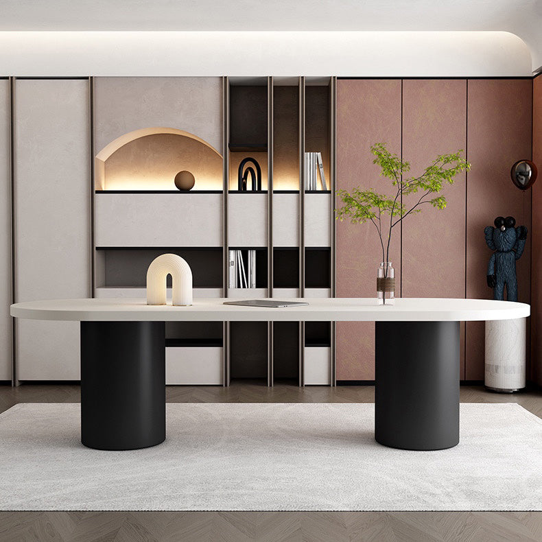 Modern Wood Top Oval Dinette Table Wood Two Base Dining Table Black White Without Chairs Clearhalo 'Dining Tables & Seating' 'Dining Tables' 'dining_table' 'furn' 'furn_dining_table' 'Furniture' 'furniture_dining_table' 'Kitchen & Dining Furniture' 'kitchen' 'kitchen_dining_table' 4876681