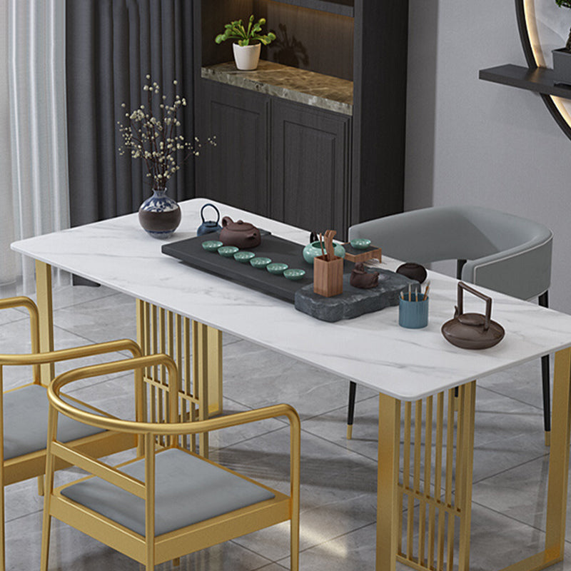 Glam Stone Dining Table Rectangle Iron Table with Golden Double Pedestal Table White Gold 55.1"L x 31.5"W x 29.5"H Without Chairs Clearhalo 'Dining Tables & Seating' 'Dining Tables' 'dining_table' 'furn' 'furn_dining_table' 'Furniture' 'furniture_dining_table' 'Kitchen & Dining Furniture' 'kitchen' 'kitchen_dining_table' 4876693