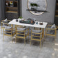 Glam Stone Dining Table Rectangle Iron Table with Golden Double Pedestal Table White Gold 70.9"L x 35.4"W x 29.5"H Without Chairs Clearhalo 'Dining Tables & Seating' 'Dining Tables' 'dining_table' 'furn' 'furn_dining_table' 'Furniture' 'furniture_dining_table' 'Kitchen & Dining Furniture' 'kitchen' 'kitchen_dining_table' 4876694