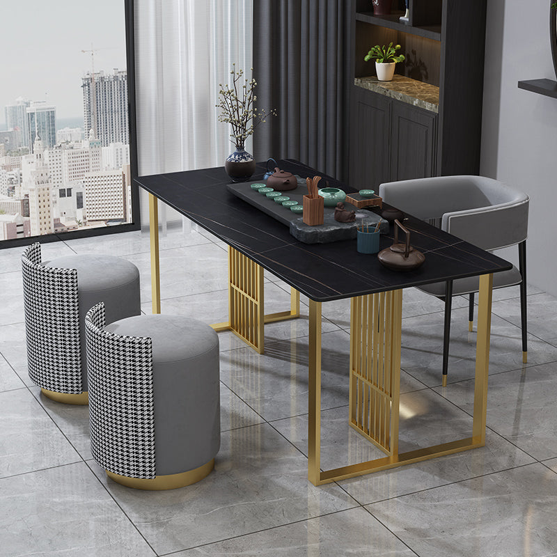 Glam Stone Dining Table Rectangle Iron Table with Golden Double Pedestal Table Black Gold 63"L x 31.5"W x 29.5"H Without Chairs Clearhalo 'Dining Tables & Seating' 'Dining Tables' 'dining_table' 'furn' 'furn_dining_table' 'Furniture' 'furniture_dining_table' 'Kitchen & Dining Furniture' 'kitchen' 'kitchen_dining_table' 4876695
