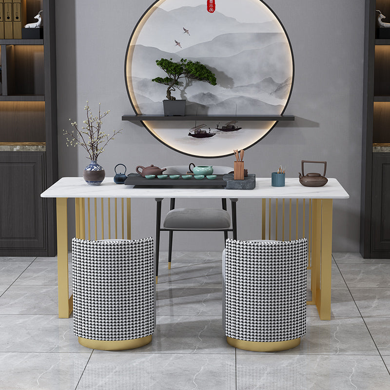 Glam Stone Dining Table Rectangle Iron Table with Golden Double Pedestal Table White Gold 51.2"L x 27.6"W x 29.5"H Without Chairs Clearhalo 'Dining Tables & Seating' 'Dining Tables' 'dining_table' 'furn' 'furn_dining_table' 'Furniture' 'furniture_dining_table' 'Kitchen & Dining Furniture' 'kitchen' 'kitchen_dining_table' 4876696
