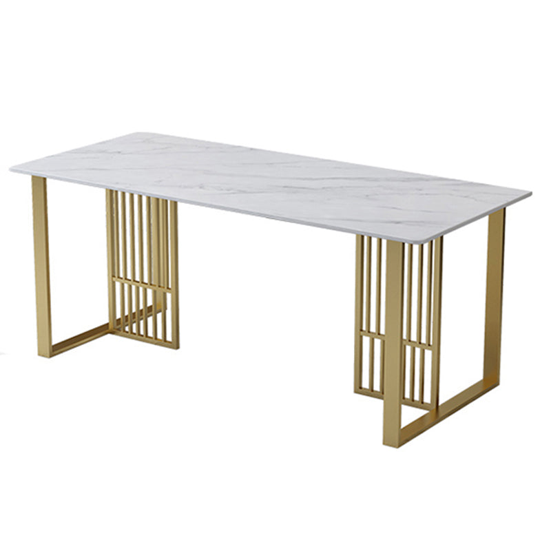 Glam Stone Dining Table Rectangle Iron Table with Golden Double Pedestal Table White Gold Without Chairs Clearhalo 'Dining Tables & Seating' 'Dining Tables' 'dining_table' 'furn' 'furn_dining_table' 'Furniture' 'furniture_dining_table' 'Kitchen & Dining Furniture' 'kitchen' 'kitchen_dining_table' 4876697