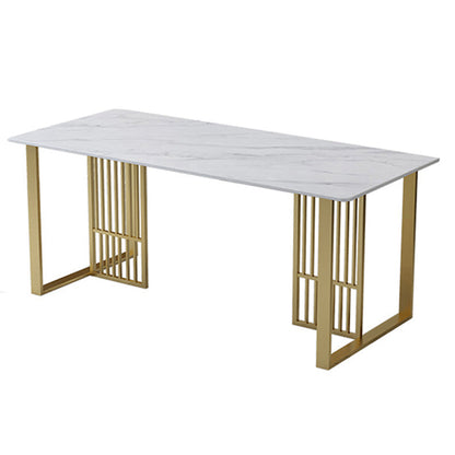 Glam Stone Dining Table Rectangle Iron Table with Golden Double Pedestal Table White Gold Without Chairs Clearhalo 'Dining Tables & Seating' 'Dining Tables' 'dining_table' 'furn' 'furn_dining_table' 'Furniture' 'furniture_dining_table' 'Kitchen & Dining Furniture' 'kitchen' 'kitchen_dining_table' 4876697