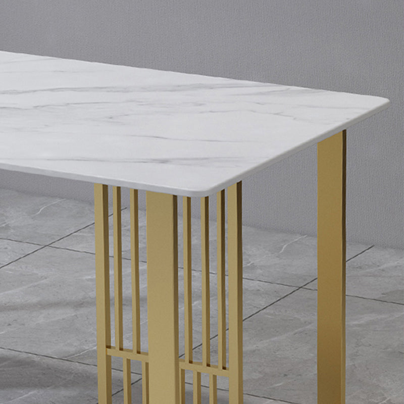 Glam Stone Dining Table Rectangle Iron Table with Golden Double Pedestal Table Clearhalo 'Dining Tables & Seating' 'Dining Tables' 'dining_table' 'furn' 'furn_dining_table' 'Furniture' 'furniture_dining_table' 'Kitchen & Dining Furniture' 'kitchen' 'kitchen_dining_table' 4876698