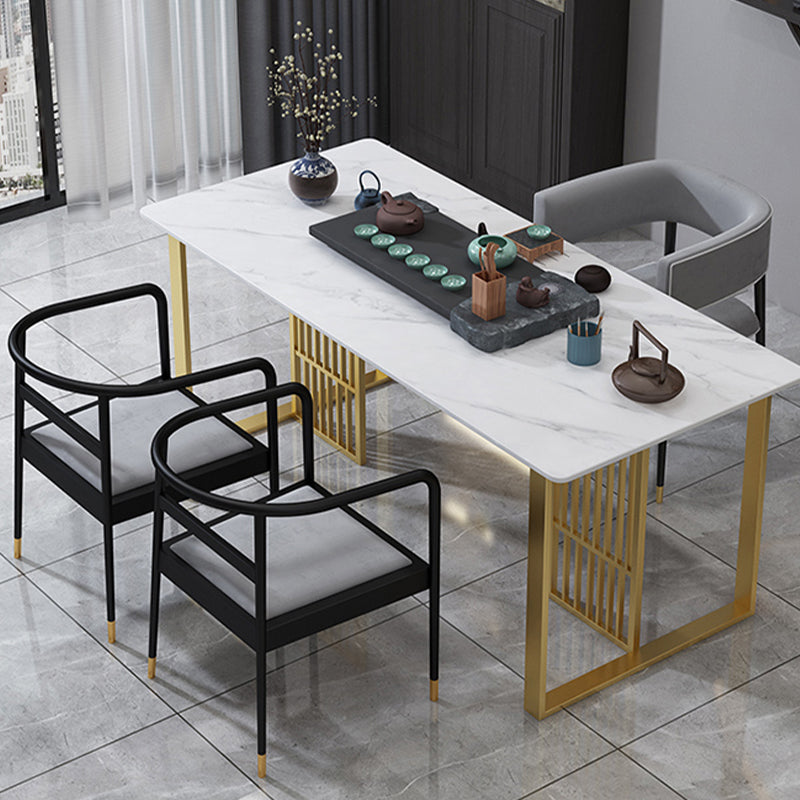 Glam Stone Dining Table Rectangle Iron Table with Golden Double Pedestal Table Clearhalo 'Dining Tables & Seating' 'Dining Tables' 'dining_table' 'furn' 'furn_dining_table' 'Furniture' 'furniture_dining_table' 'Kitchen & Dining Furniture' 'kitchen' 'kitchen_dining_table' 4876702